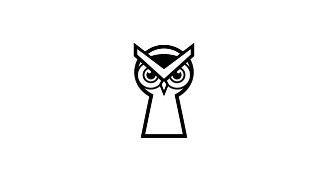 Stylized owl head within a keyhole shape black and white graphic.
