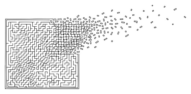Square labyrinth maze dissolving into flying particles in abstract digital style