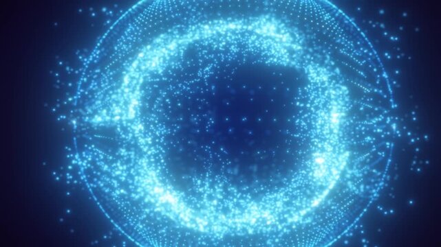Glowing blue particle sphere with orbiting dotted waves