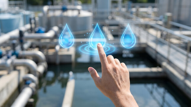 Human hand selecting holographic water droplet icon over treatment facility for smart water management