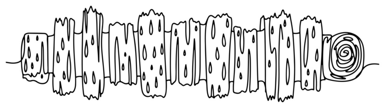 Wooden fence planks and rolling log mat in black and white line art style