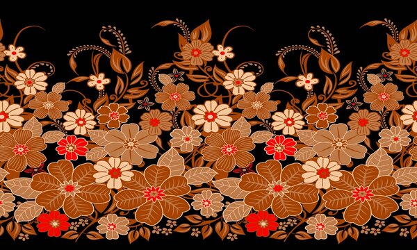 Vibrant seamless patchwork pattern featuring a mix of bohemian elements, traditional ethnic paisley, floral motifs, and geometric borders. Colorful collage design in bright pink, blue, black, and beig