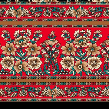 Vibrant seamless patchwork pattern featuring a mix of bohemian elements, traditional ethnic paisley, floral motifs, and geometric borders. Colorful collage design in bright pink, blue, black, and beig