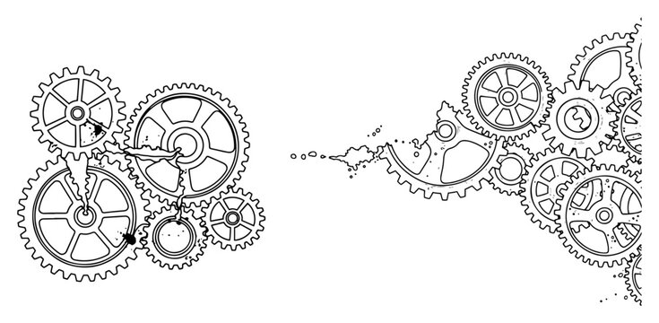 Interlocking gears and cogs with ink splatters in sketchy machinery style