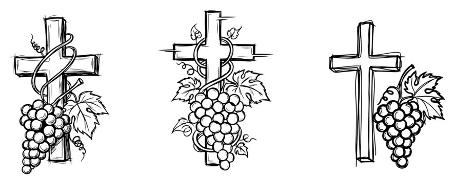 Christian cross with grapevine and grape bunch in black and white sketch style