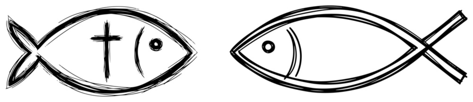 Christian fish symbols with cross in hand drawn sketch style