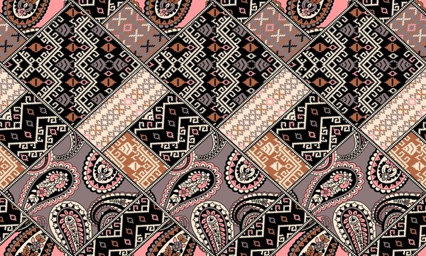 Vibrant seamless patchwork pattern featuring a mix of bohemian elements, traditional ethnic paisley, floral motifs, and geometric borders. Colorful collage design in bright pink, blue, black, and beig