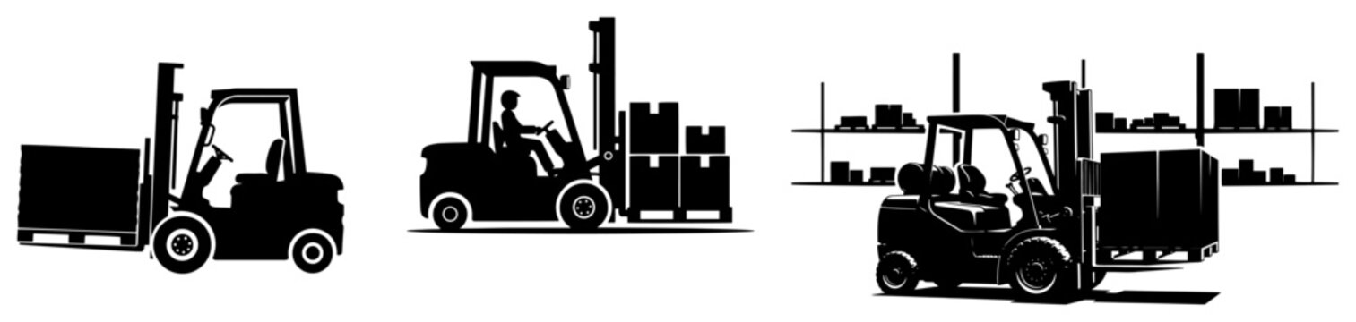 Forklift warehouse operations carrying cargo boxes in black silhouette style