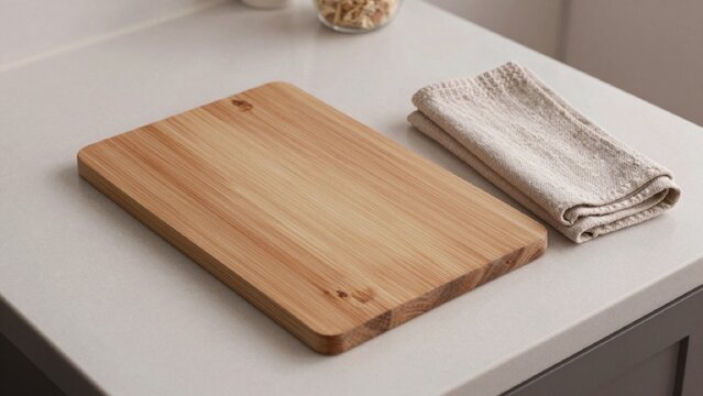 High-resolution modern kitchen countertop light grey smooth surface there rectangular wooden cutting board mad