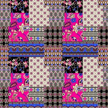 Vibrant seamless patchwork pattern featuring a mix of bohemian elements, traditional ethnic paisley, floral motifs, and geometric borders. Colorful collage design in bright pink, blue, black, and beig