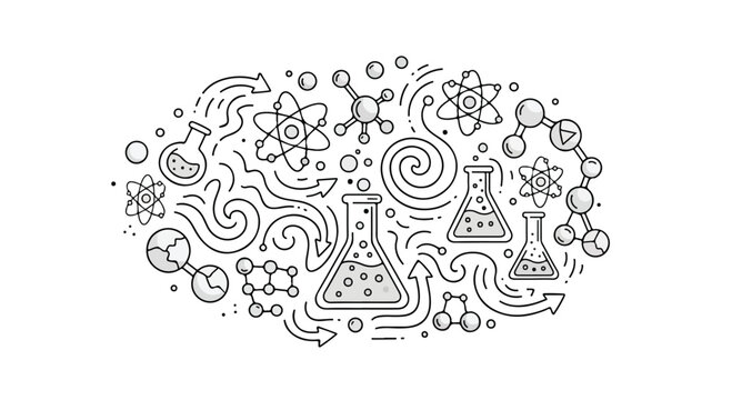 Black and white line drawing of science symbols and beakers on a white background with a whimsical and educational mood.
