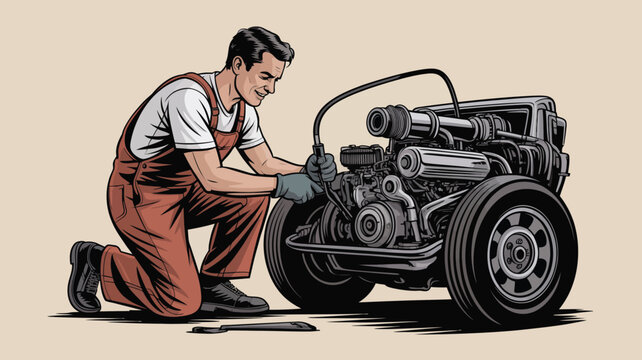 Vintage auto mechanic repairing car engine vector, retro garage worker in overalls fixing vehicle motor, automotive service technician illustration