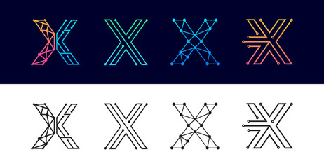 Letter X technology logo design set featuring circuit, network node, and geometric polygon mesh styles in colored and black-and-white versions. © ismadesign
