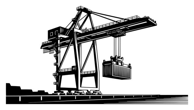 Harbor gantry crane lifting shipping container in black and white graphic style