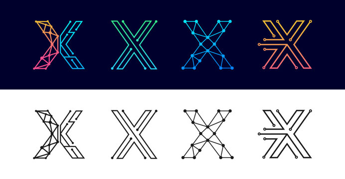 Letter X technology logo design set featuring circuit, network node, and geometric polygon mesh styles in colored and black-and-white versions.