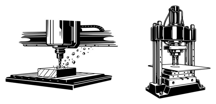 CNC milling machine and hydraulic press factory equipment in retro engraving style