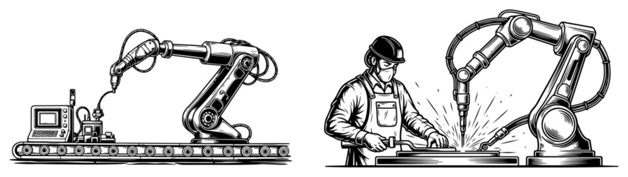 Industrial robotic arms and factory worker set in retro woodcut engraving style