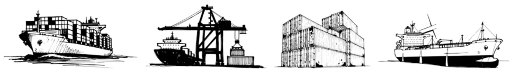 Obraz premium Maritime shipping cargo vessels and port container terminal in detailed monochrome graphic style