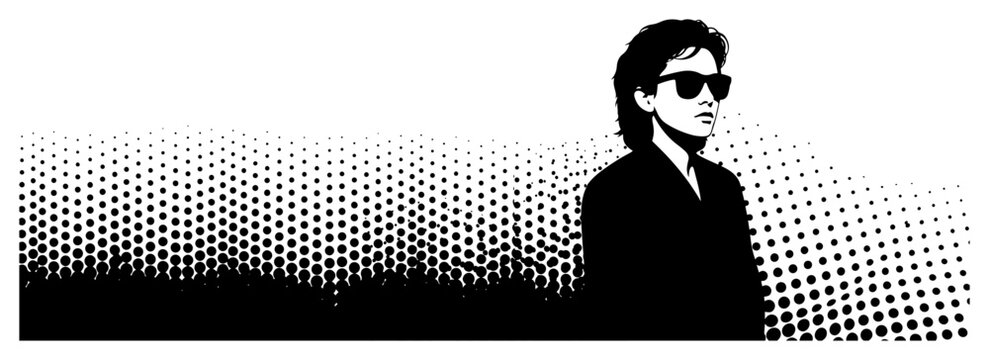 Man with sunglasses portrait on halftone dot background in retro pop art style