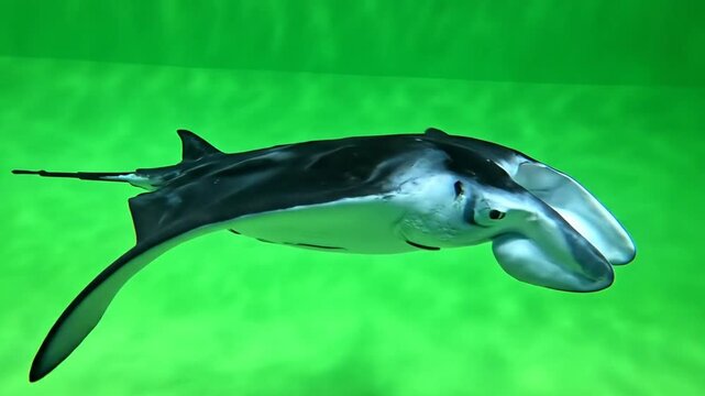 Graceful manta ray swimming in clear water with greenish tinge