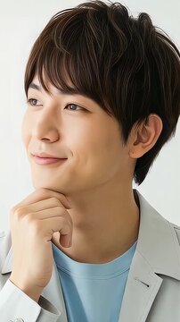 爽やかな笑顔で斜め上を見つめ考える若い男性