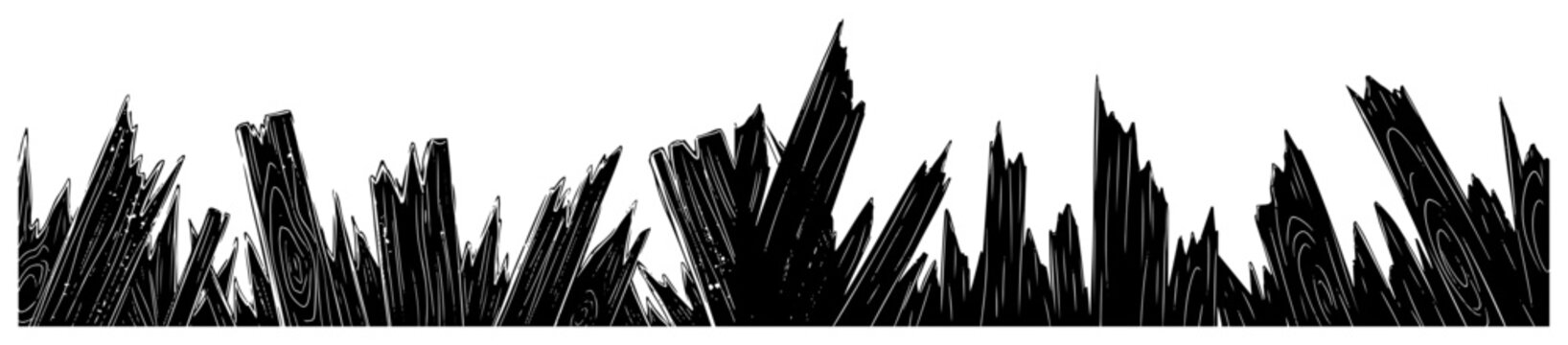 Shattered wooden planks and broken timber shards in detailed engraving style