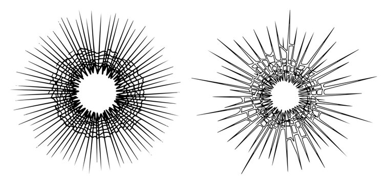 Shattered glass radial crack patterns resembling bullet impacts in detailed line art style