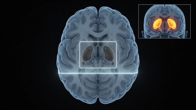 Brain Model Scanning Basal Ganglia for Parkinson Disease in Neural Network Research with Highlighted Corpus Striatum Anatomy on Black Background