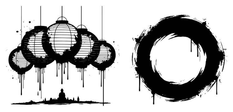 Zen paper lanterns with Buddha silhouette and enso paint circle in black ink style