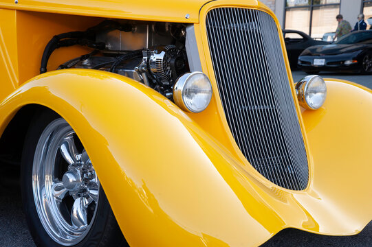 Bright Yellow Custom Hot Rod Classic Car Close Up