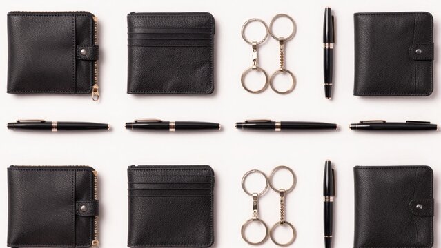 Collection black leather wallets arranged flat lay white background each wallet has rectangular shape zipper l