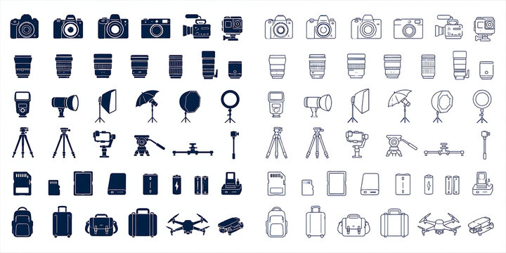 Photography equipment icons set, professional camera gear and studio lighting symbols, 84 photography and video production elements isolated on White Background