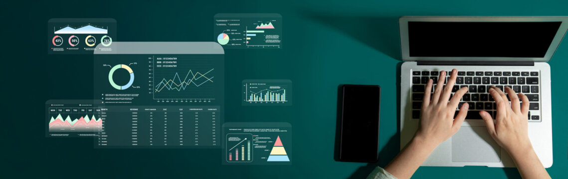 A financial and marketing KPI dashboard for business analytics and strategy. A report showing profit, revenue, and customer conversion rate data. Motif
