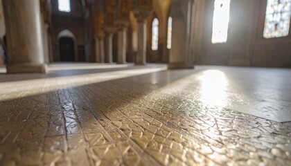 Obraz premium Sunlight Streaming Through Windows Illuminating Intricate Floor Patterns in a Grand Hall.