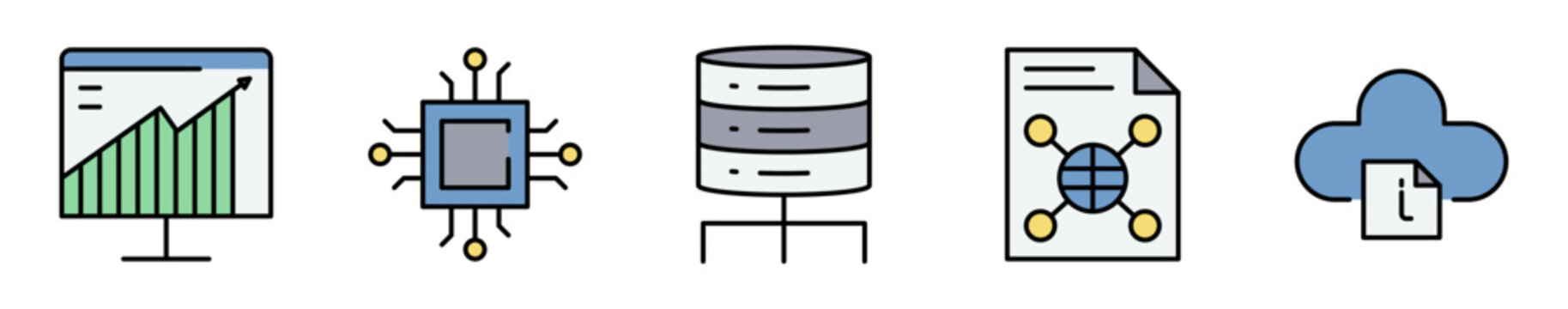 Conjunto de iconos de an&aacute;lisis tecnol&oacute;gico. Representa estad&iacute;sticas, procesamiento y almacenamiento digital. Incluye gr&aacute;ficos, microchips, bases de datos, redes y sincronizaci&oacute;n. Ilustraci&oacute;n vectorial