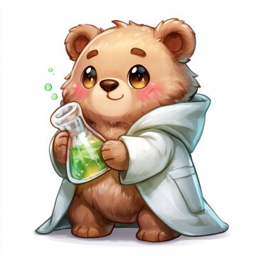 A bear character with big eyes holds a beaker carefully. The bear wears a lab coat that is too big, with rosy cheeks and soft brown fur.