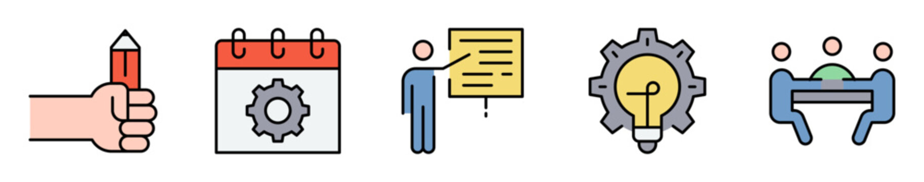 Conjunto de iconos de productividad laboral. Representa organizaci&oacute;n, creatividad y trabajo colaborativo. Incluye planificaci&oacute;n, ideas, tareas, documentos y reuniones. Ilustraci&oacute;n vectorial