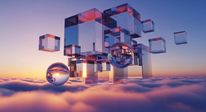 Massive iridescent glass cubes and spheres levitate above soft clouds during vibrant twilight, creating a surreal and futuristic atmosphere, alignment, celestial, sunset
