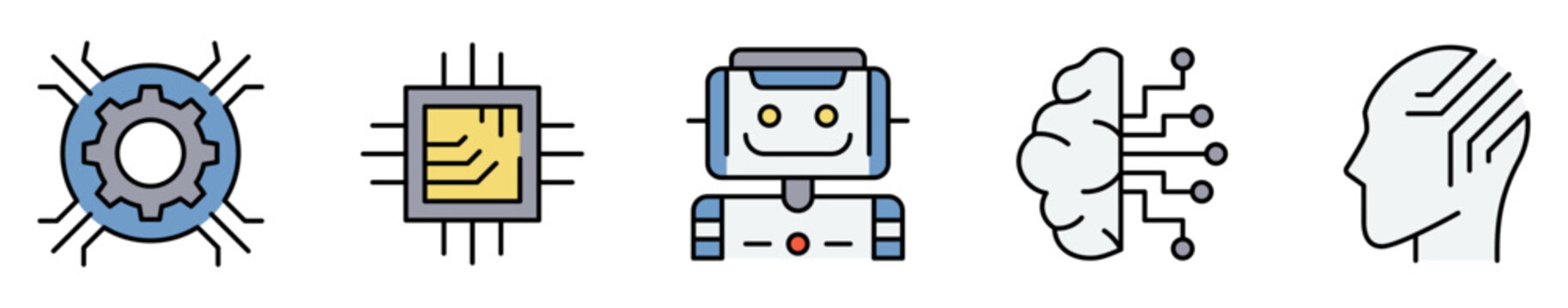 Conjunto de iconos de inteligencia artificial. Representa automatizaci&oacute;n, tecnolog&iacute;a y desarrollo digital. Incluye rob&oacute;tica, procesamiento, innovaci&oacute;n, an&aacute;lisis y pensamiento inteligente