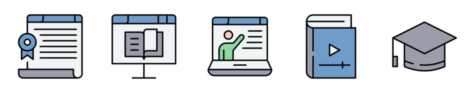 Conjunto de iconos de educaci&oacute;n digital. Representa aprendizaje, formaci&oacute;n y recursos virtuales. Incluye certificados, cursos, tutoriales, videos y graduaci&oacute;n. Ilustraci&oacute;n vectorial