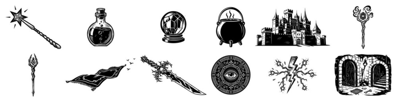 Magic and fantasy icon set with wizard wand cauldron castle crystal ball and portal in vintage engraving style