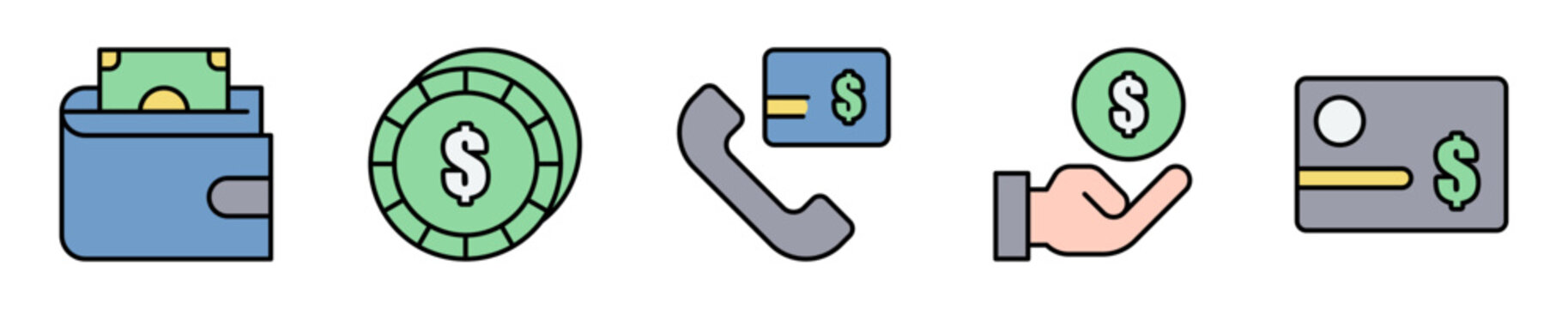 Conjunto de iconos financieros y pagos. Representa econom&iacute;a, transacciones y dinero digital. Incluye billetera, monedas, pagos, ingresos y finanzas. Ilustraci&oacute;n vectorial
