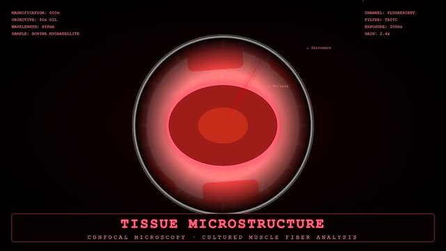 A futuristic digital visualization of lab grown meat development showing the microscopic analysis of cultured muscle fibers and bovine myosatellite cells in a red laboratory interface.