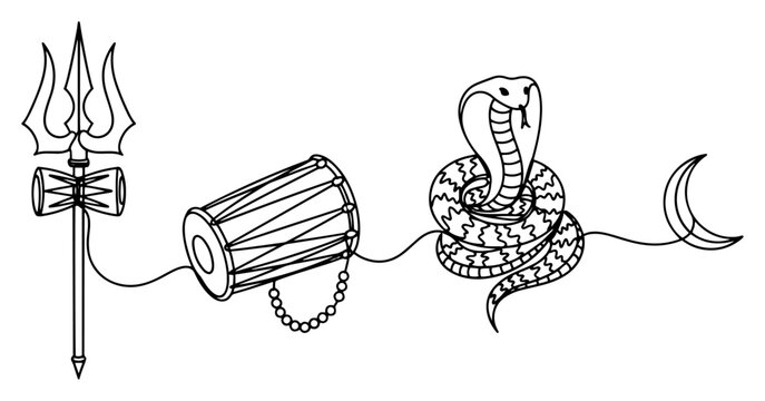 Shiva trident trishula with damru drum cobra snake and crescent moon in continuous single line art style