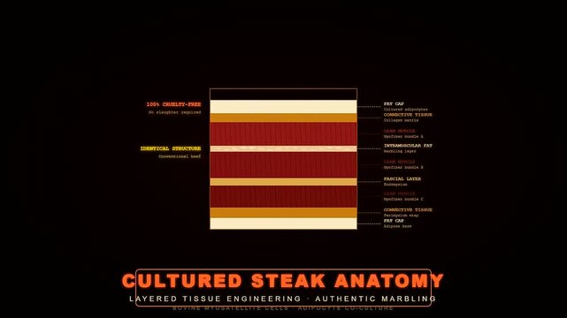 In this sophisticated animation, lab grown meat layers slowly slide into place while technical data overlays describe the futuristic process of sustainable protein manufacturing.