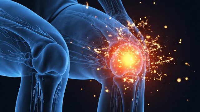Medical illustration human leg bones with knee pain glowing red and orange sparks on a dark background concept of injury or disease