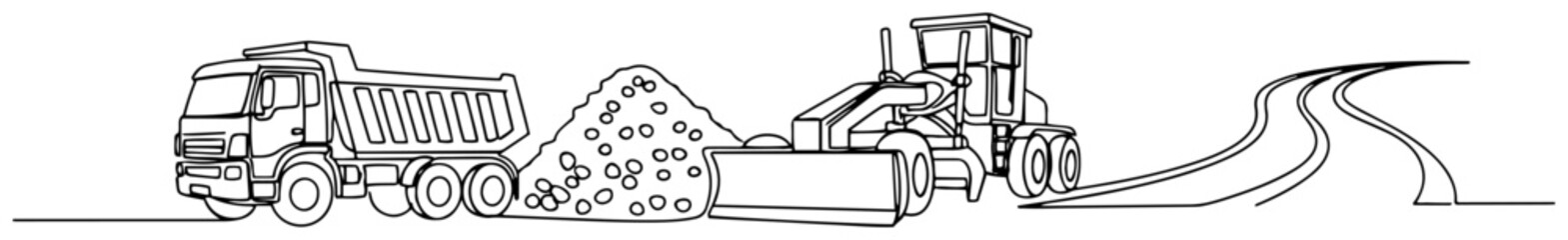Dump truck gravel pile motor grader machine and curved road in continuous one line art style © Tomas