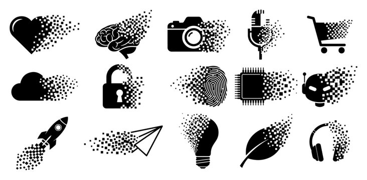 Technology and business icons set with pixel dispersion effect in flat vector style