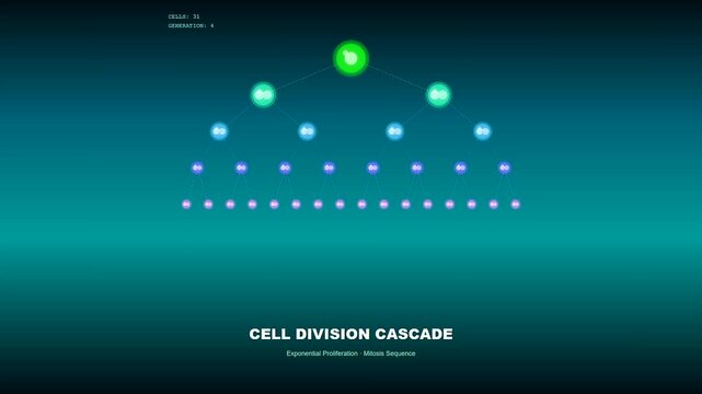 This scientific animation of lab grown meat demonstrates a rapid cellular proliferation process where microscopic cells divide exponentially across multiple generations on a dark digital background.