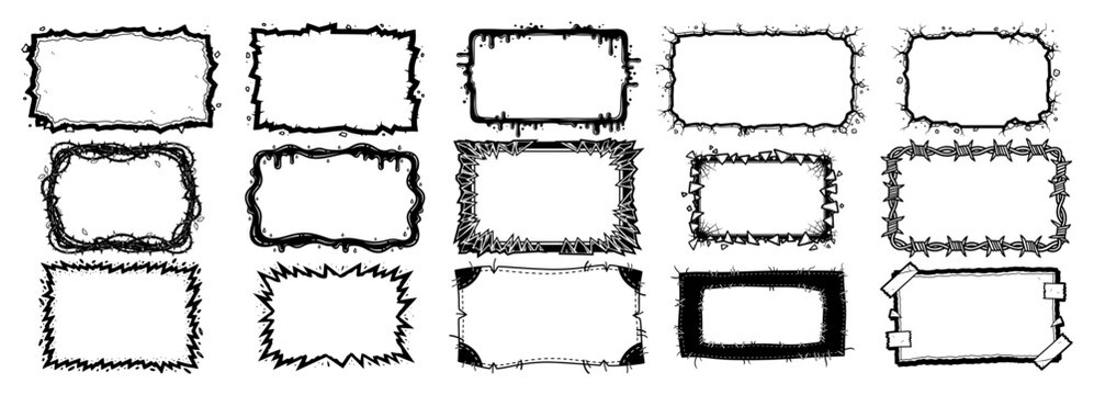 Textured grunge borders and hand drawn sketchy frames set in black and white vector style